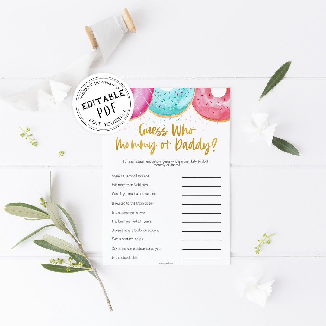 editable baby shower games, guess who mommy or daddy game, Printable baby shower games, donut baby games, baby shower games, fun baby shower ideas, top baby shower ideas, donut sprinkles baby shower, baby shower games, fun donut baby shower ideas