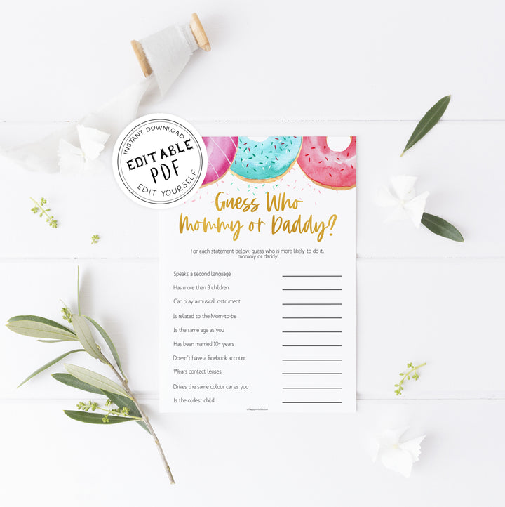 editable baby shower games, guess who mommy or daddy game, Printable baby shower games, donut baby games, baby shower games, fun baby shower ideas, top baby shower ideas, donut sprinkles baby shower, baby shower games, fun donut baby shower ideas
