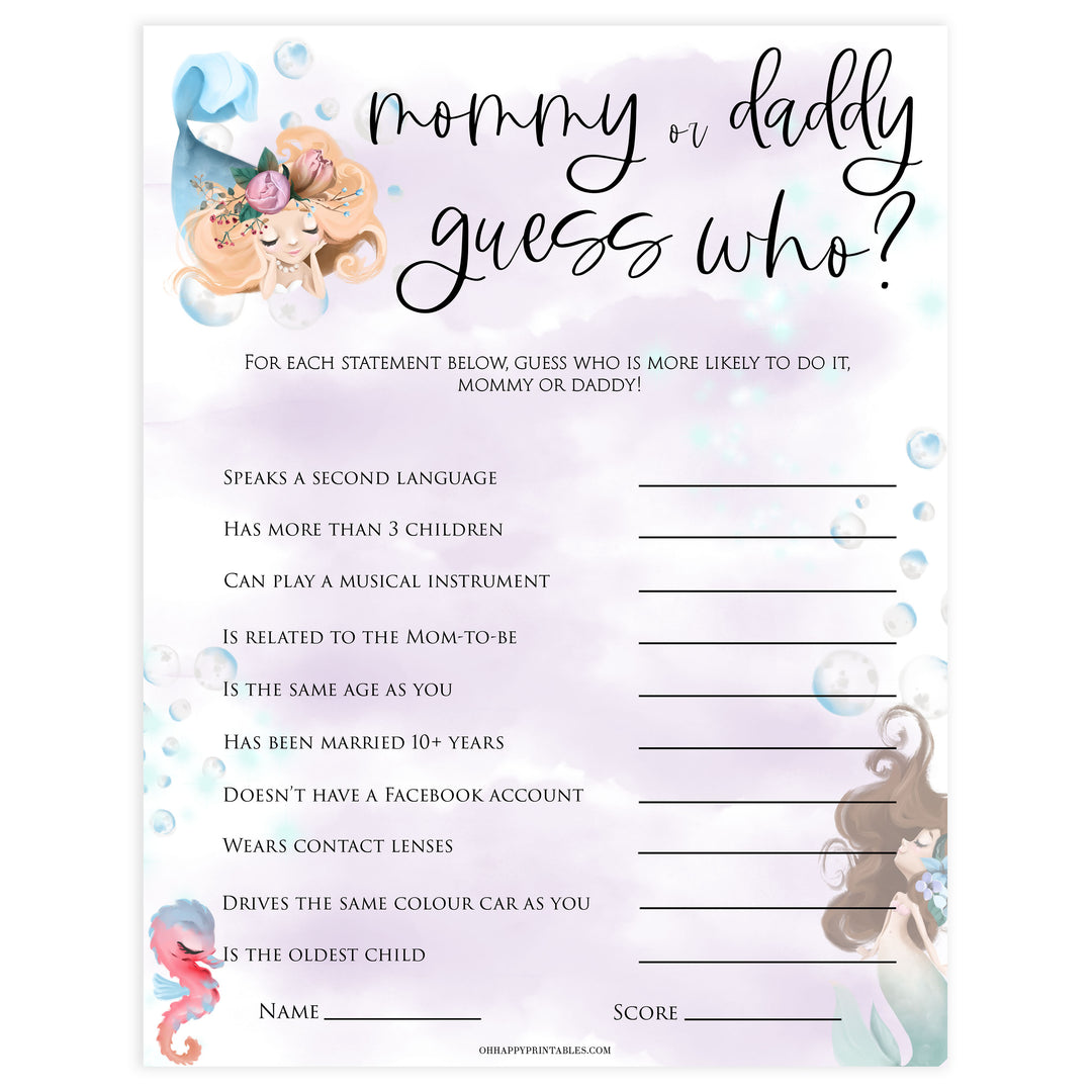 mommy or daddy guess who game, baby he said she said game, Printable baby shower games, little mermaid baby games, baby shower games, fun baby shower ideas, top baby shower ideas, little mermaid baby shower, baby shower games, pink hearts baby shower ideas