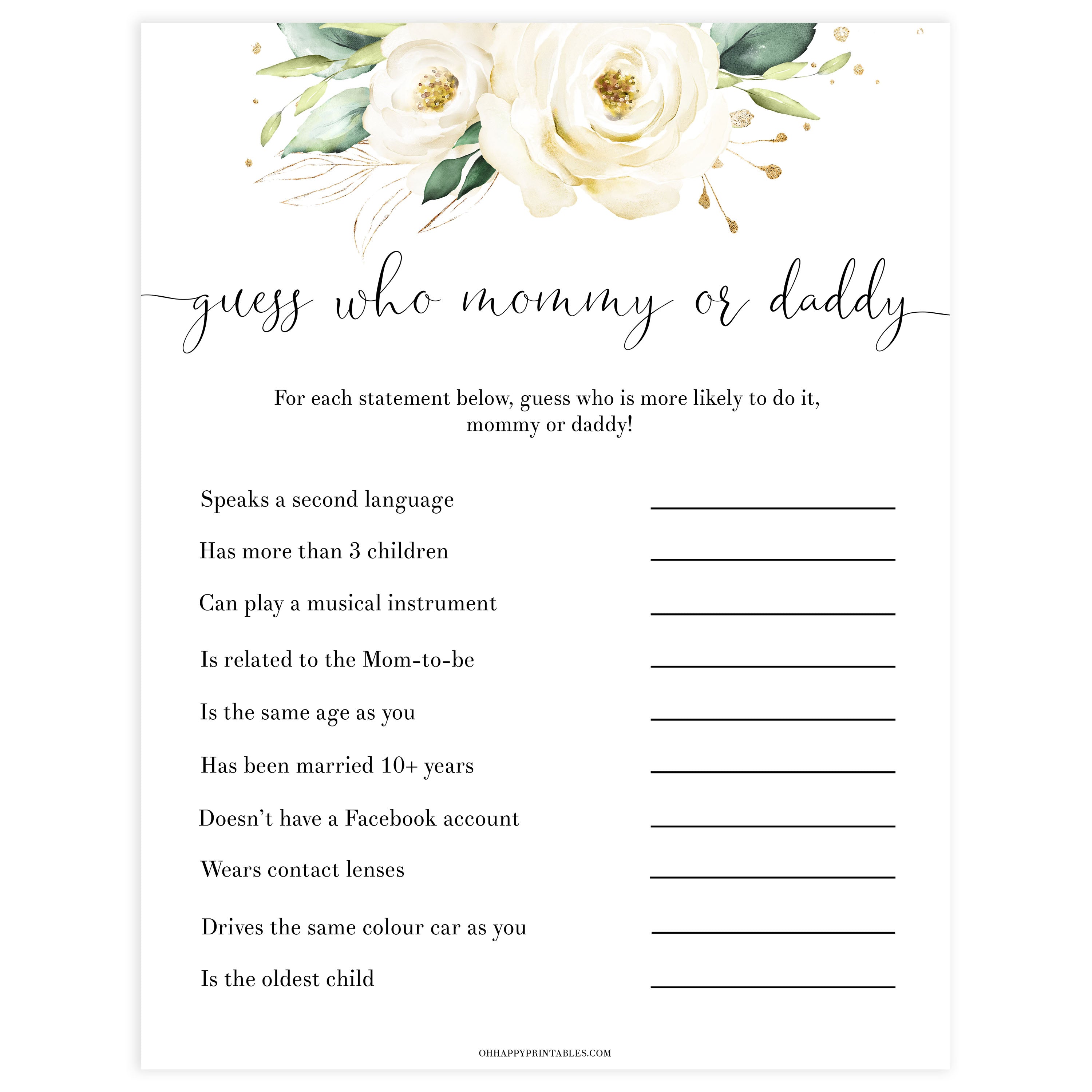 guess who mommy or daddy game, Printable baby shower games, shite floral baby games, baby shower games, fun baby shower ideas, top baby shower ideas, floral baby shower, baby shower games, fun floral baby shower ideas