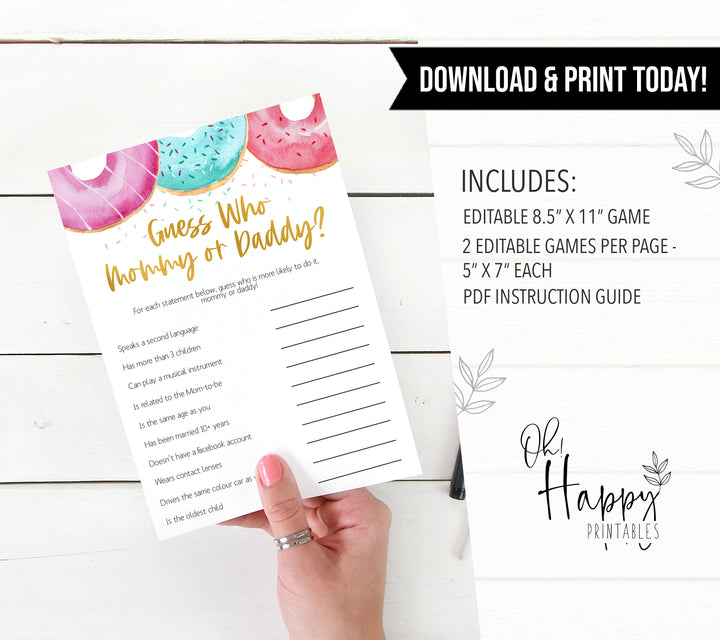 editable baby shower games, guess who mommy or daddy game, Printable baby shower games, donut baby games, baby shower games, fun baby shower ideas, top baby shower ideas, donut sprinkles baby shower, baby shower games, fun donut baby shower ideas