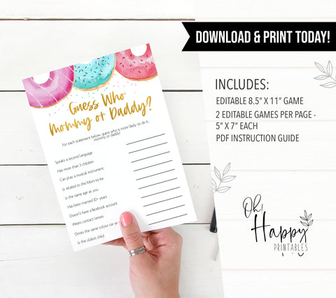 editable baby shower games, guess who mommy or daddy game, Printable baby shower games, donut baby games, baby shower games, fun baby shower ideas, top baby shower ideas, donut sprinkles baby shower, baby shower games, fun donut baby shower ideas