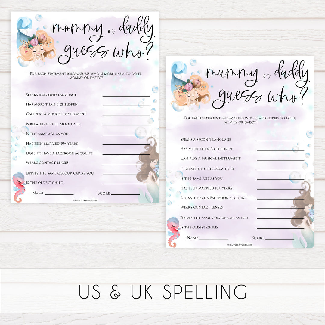 mommy or daddy guess who game, baby he said she said game, Printable baby shower games, little mermaid baby games, baby shower games, fun baby shower ideas, top baby shower ideas, little mermaid baby shower, baby shower games, pink hearts baby shower ideas