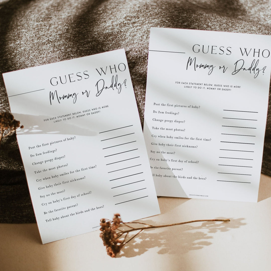 Printable baby shower game Guess Who Said It with a modern minimalist design