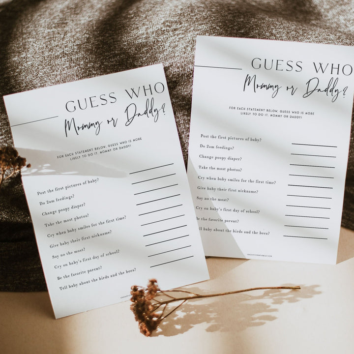 Printable baby shower game Guess Who Said It with a modern minimalist design