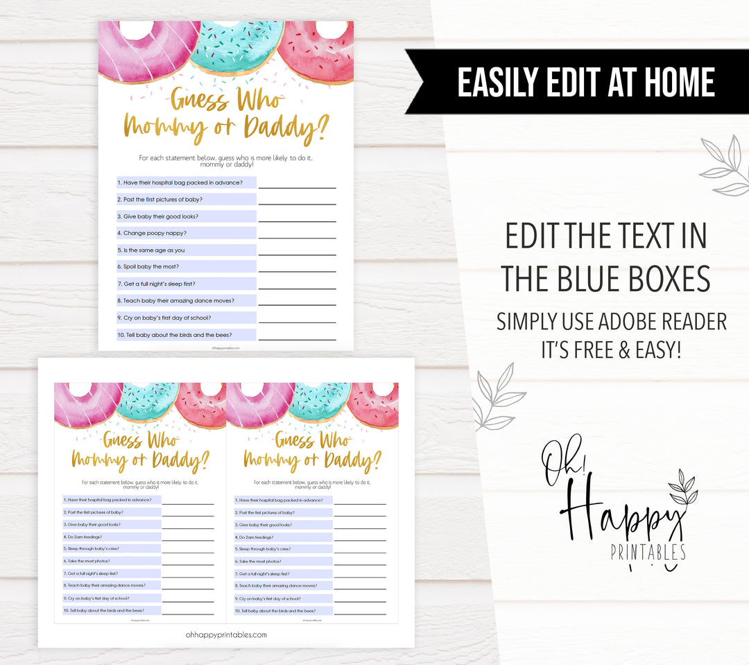 editable baby shower games, guess who mommy or daddy game, Printable baby shower games, donut baby games, baby shower games, fun baby shower ideas, top baby shower ideas, donut sprinkles baby shower, baby shower games, fun donut baby shower ideas