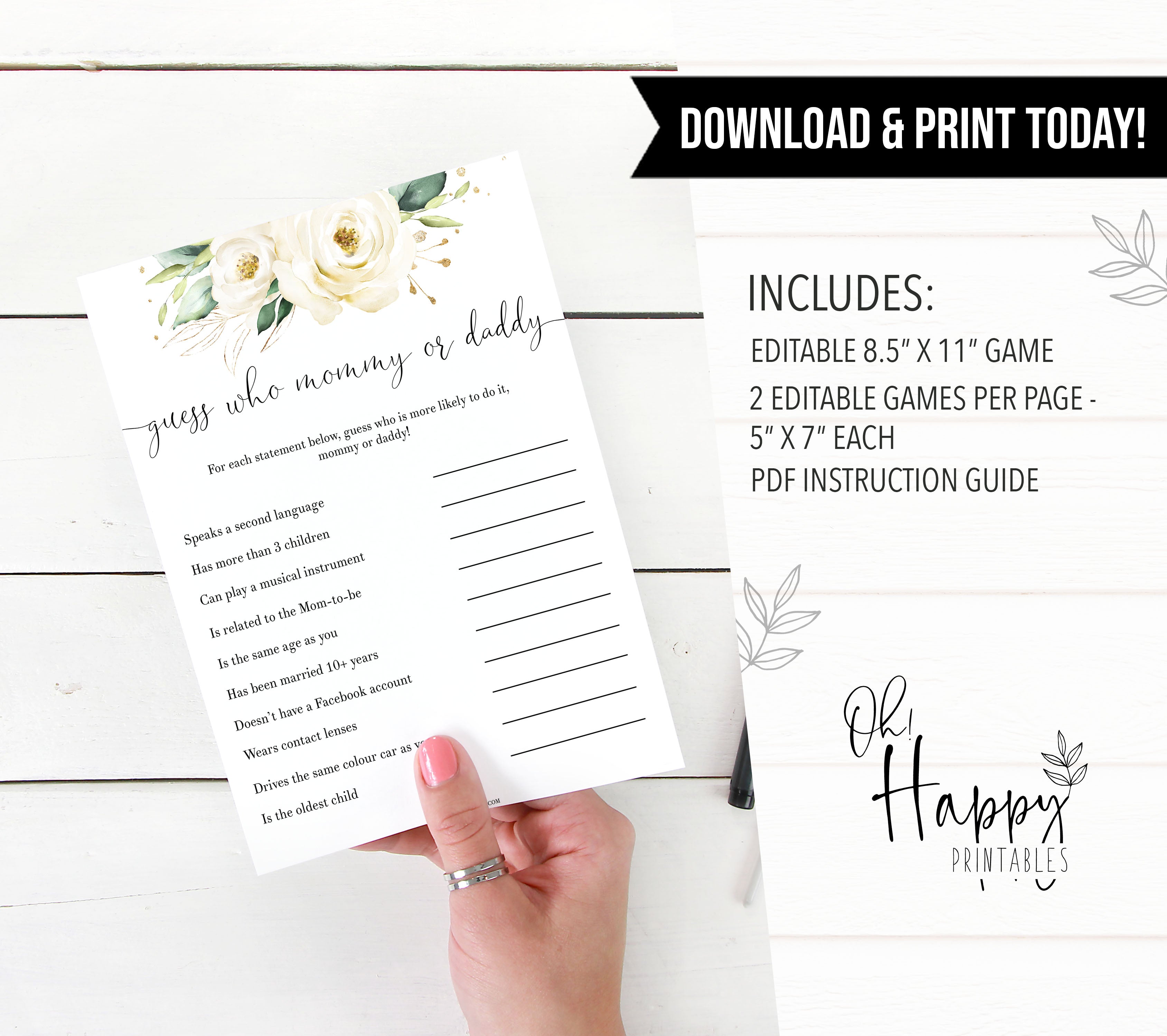 guess who mommy or daddy game, Printable baby shower games, shite floral baby games, baby shower games, fun baby shower ideas, top baby shower ideas, floral baby shower, baby shower games, fun floral baby shower ideas