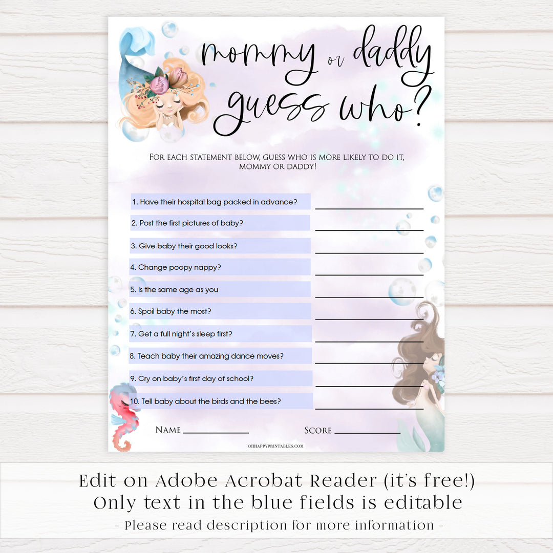 mommy or daddy guess who game, baby he said she said game, Printable baby shower games, little mermaid baby games, baby shower games, fun baby shower ideas, top baby shower ideas, little mermaid baby shower, baby shower games, pink hearts baby shower ideas