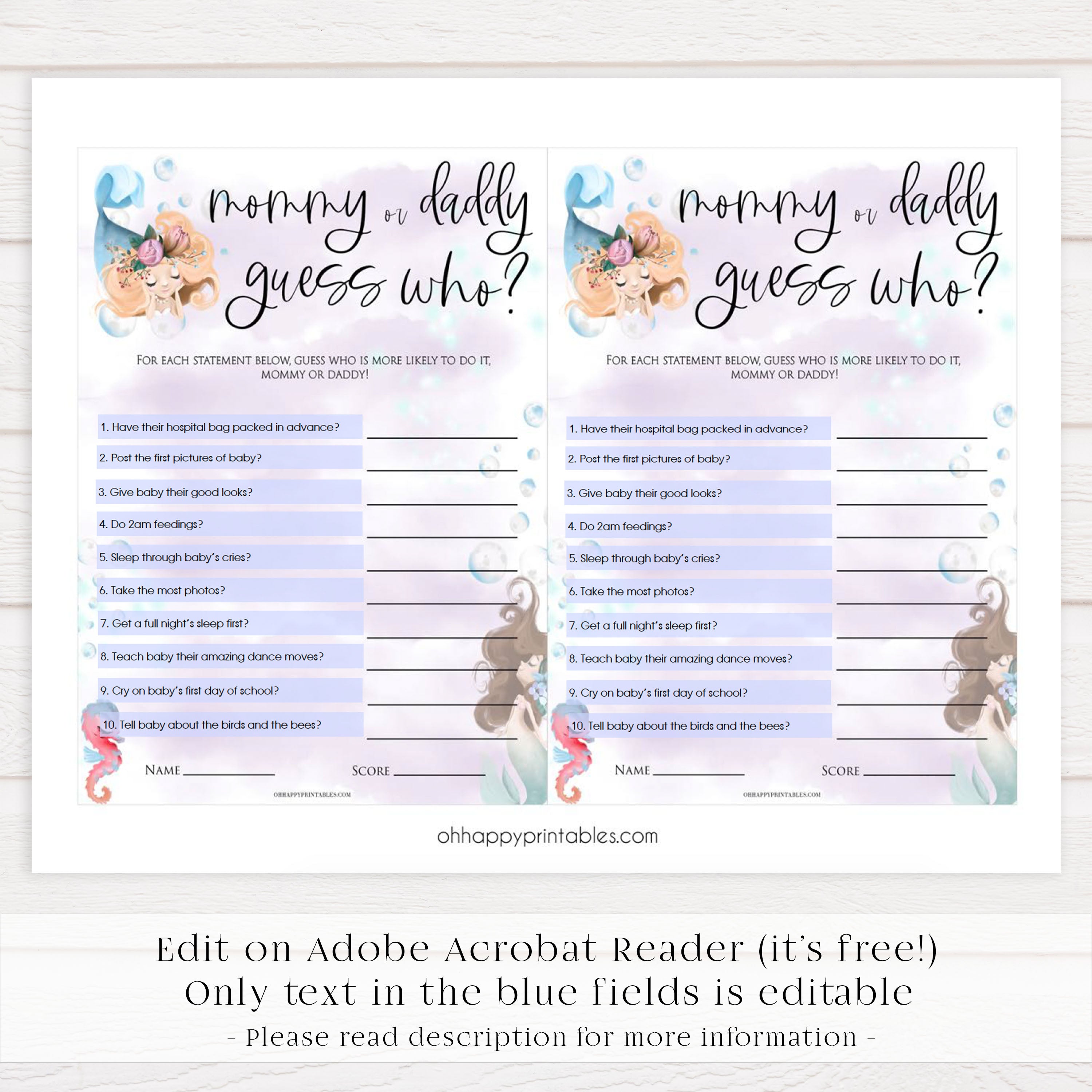 mommy or daddy guess who game, baby he said she said game, Printable baby shower games, little mermaid baby games, baby shower games, fun baby shower ideas, top baby shower ideas, little mermaid baby shower, baby shower games, pink hearts baby shower ideas