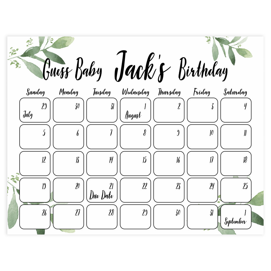 Guess the baby birthday game, baby birthday predictions game, printable baby shower games, fun baby shower ideas, botanical baby shower ideas