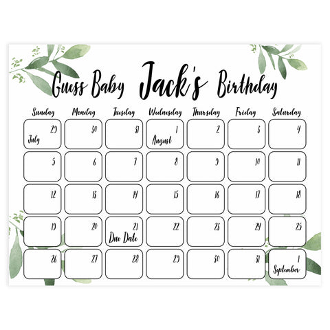 Guess the baby birthday game, baby birthday predictions game, printable baby shower games, fun baby shower ideas, botanical baby shower ideas