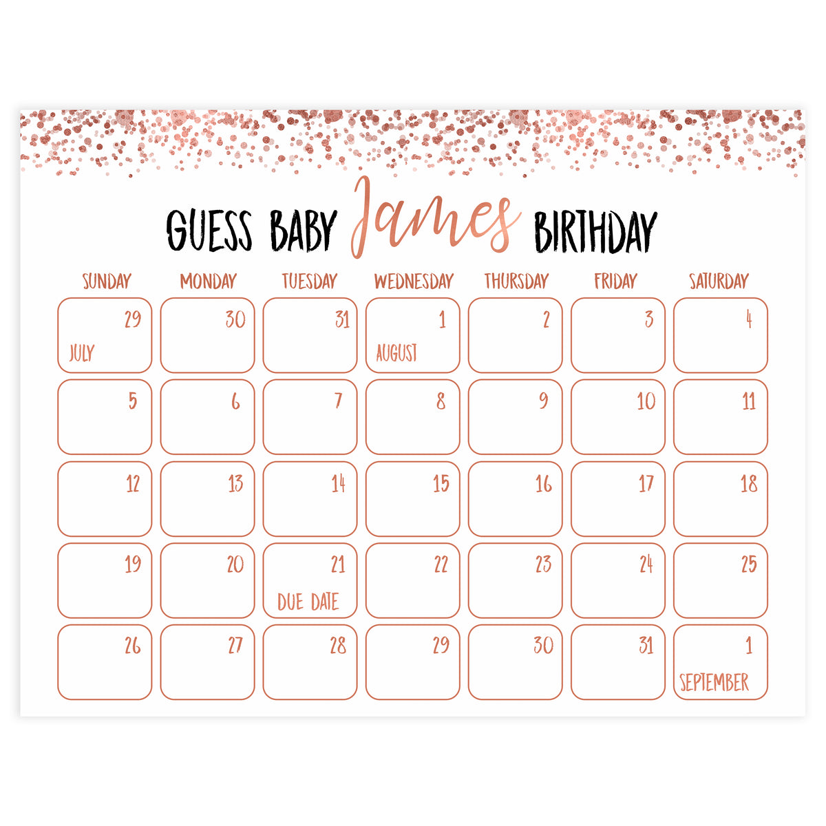 guess the baby birthday, rose gold baby games, rose gold baby shower, printable baby games, rose gold fun baby games, baby birthday game