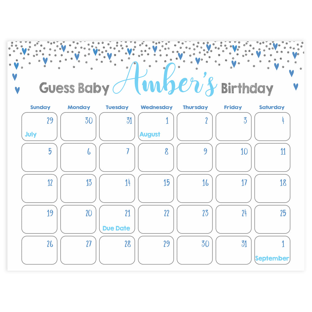 guess the baby birthday game, printable baby games, small blue hearts baby games, blue baby shower, blue baby games, fun baby shower ideas