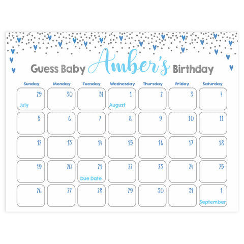 guess the baby birthday game, printable baby games, small blue hearts baby games, blue baby shower, blue baby games, fun baby shower ideas