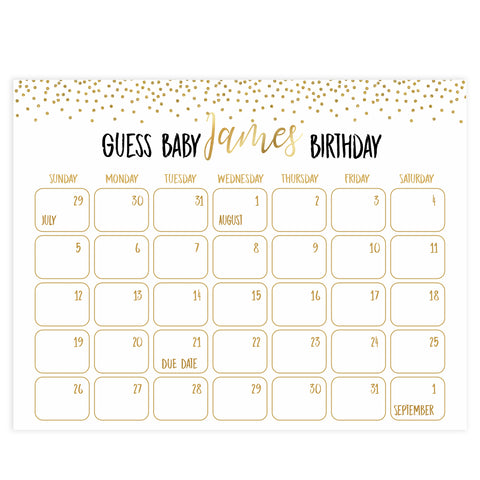 Guess the baby birthday game, baby birthday prediction game, gold glitter baby games, fun baby games, gold baby shower games, popular baby games,