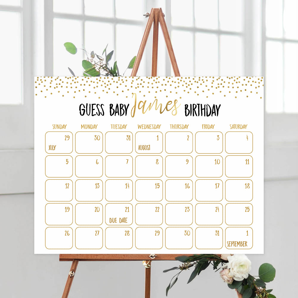 Guess the baby birthday game, baby birthday prediction game, gold glitter baby games, fun baby games, gold baby shower games, popular baby games,