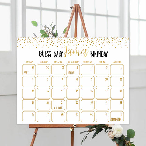 Guess the baby birthday game, baby birthday prediction game, gold glitter baby games, fun baby games, gold baby shower games, popular baby games,