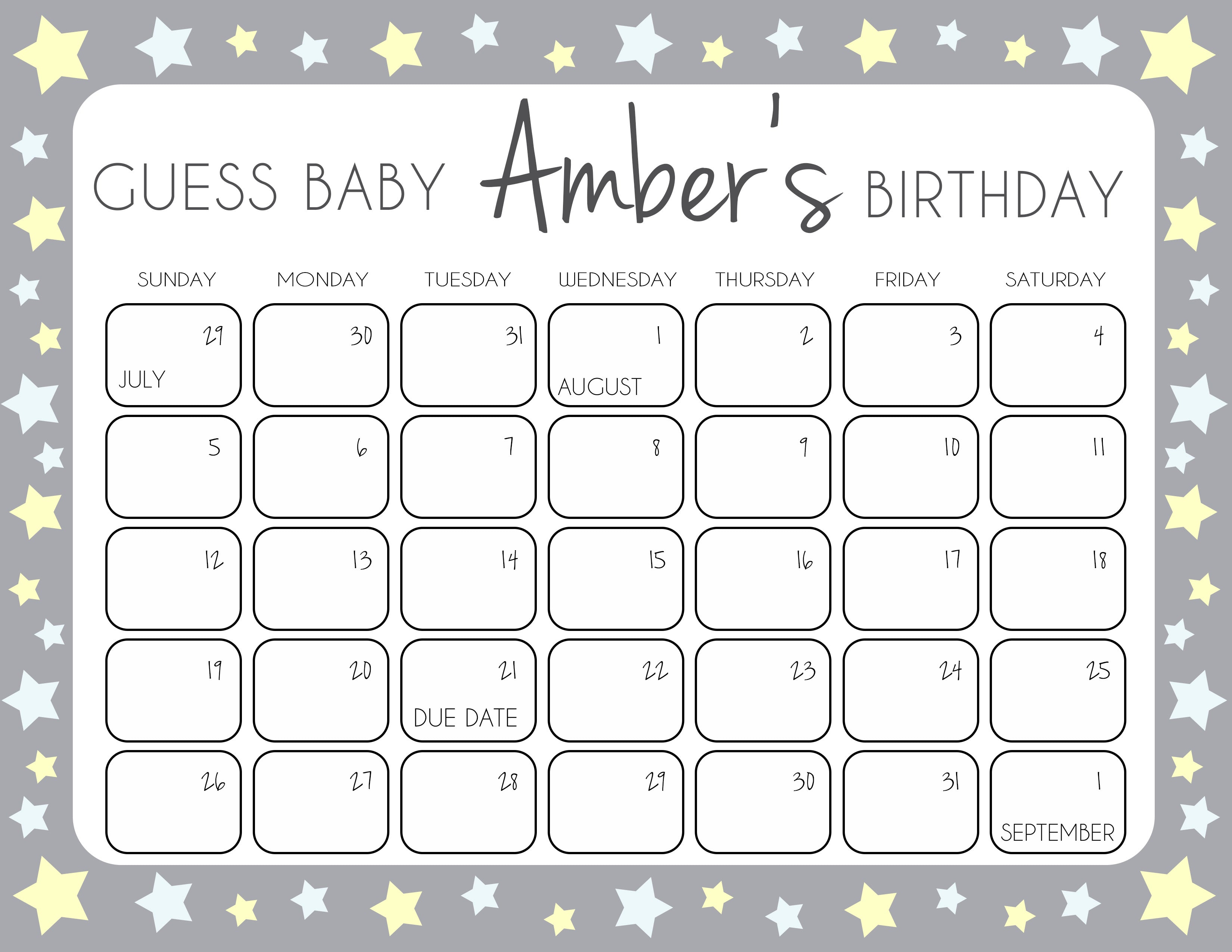 Grey Yellow Stars Baby Birthday Prediction Game, Guess The Baby Birthday Game, Baby Shower Games, Grey Stars Guess Baby Birthday Game, printable baby shower games, fun baby games