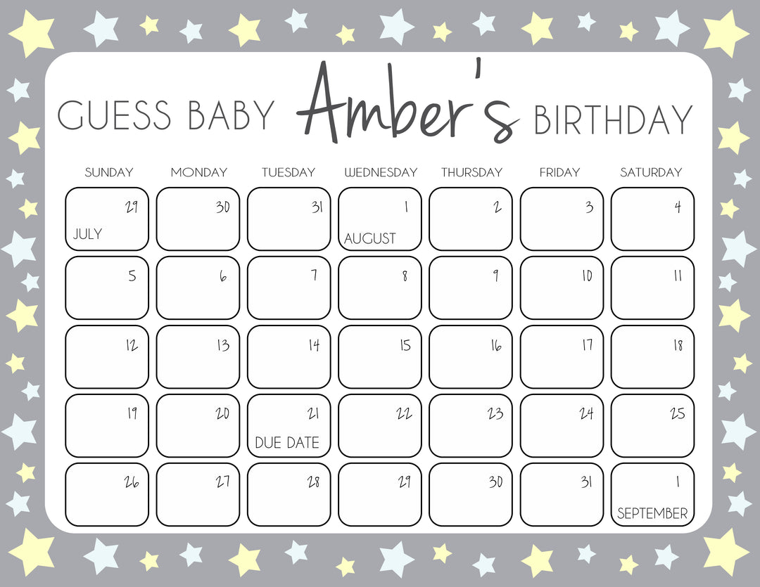 Grey Yellow Stars Baby Birthday Prediction Game, Guess The Baby Birthday Game, Baby Shower Games, Grey Stars Guess Baby Birthday Game, printable baby shower games, fun baby games
