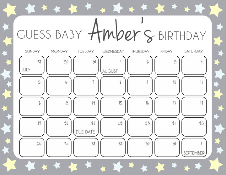 Grey Yellow Stars Baby Birthday Prediction Game, Guess The Baby Birthday Game, Baby Shower Games, Grey Stars Guess Baby Birthday Game, printable baby shower games, fun baby games
