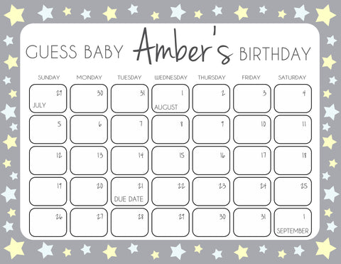 Grey Yellow Stars Baby Birthday Prediction Game, Guess The Baby Birthday Game, Baby Shower Games, Grey Stars Guess Baby Birthday Game, printable baby shower games, fun baby games