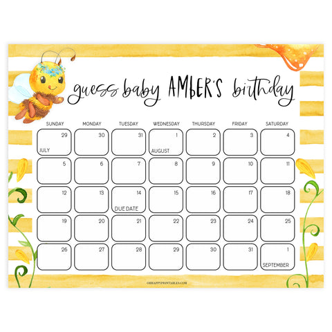 guess the baby birthday game, baby birthday predictions game, minimalist baby shower games, printable baby shower games, fun baby shower ideas, mommy bee baby shower