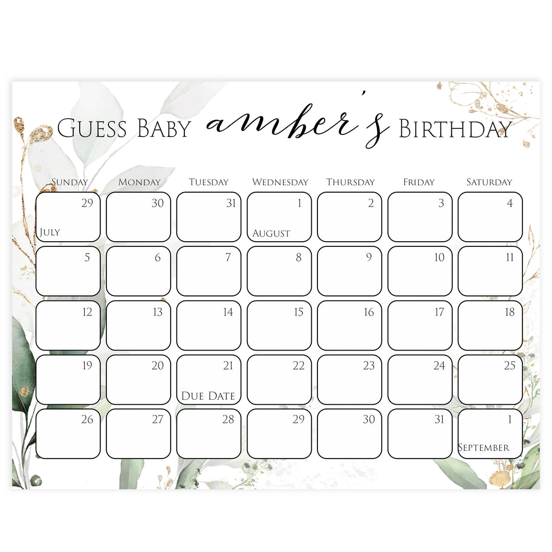 guess the baby birthday game, baby birthday predictions game, printable baby shower games, gold leaf baby games, greenery baby shower