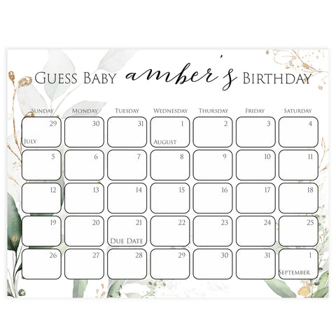 guess the baby birthday game, baby birthday predictions game, printable baby shower games, gold leaf baby games, greenery baby shower