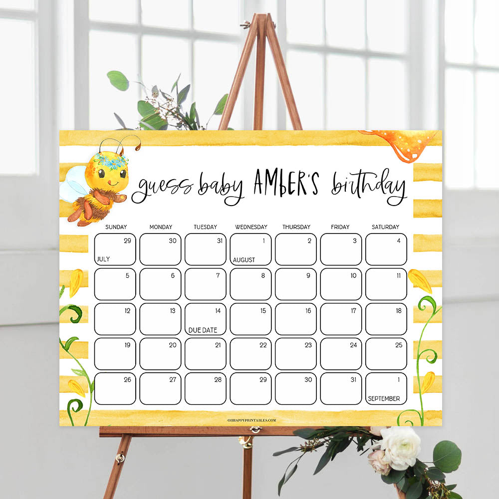 guess the baby birthday game, baby birthday predictions game, minimalist baby shower games, printable baby shower games, fun baby shower ideas, mommy bee baby shower