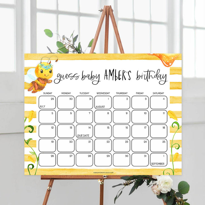guess the baby birthday game, baby birthday predictions game, minimalist baby shower games, printable baby shower games, fun baby shower ideas, mommy bee baby shower