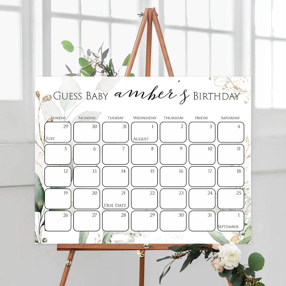 guess the baby birthday game, baby birthday predictions game, printable baby shower games, gold leaf baby games, greenery baby shower