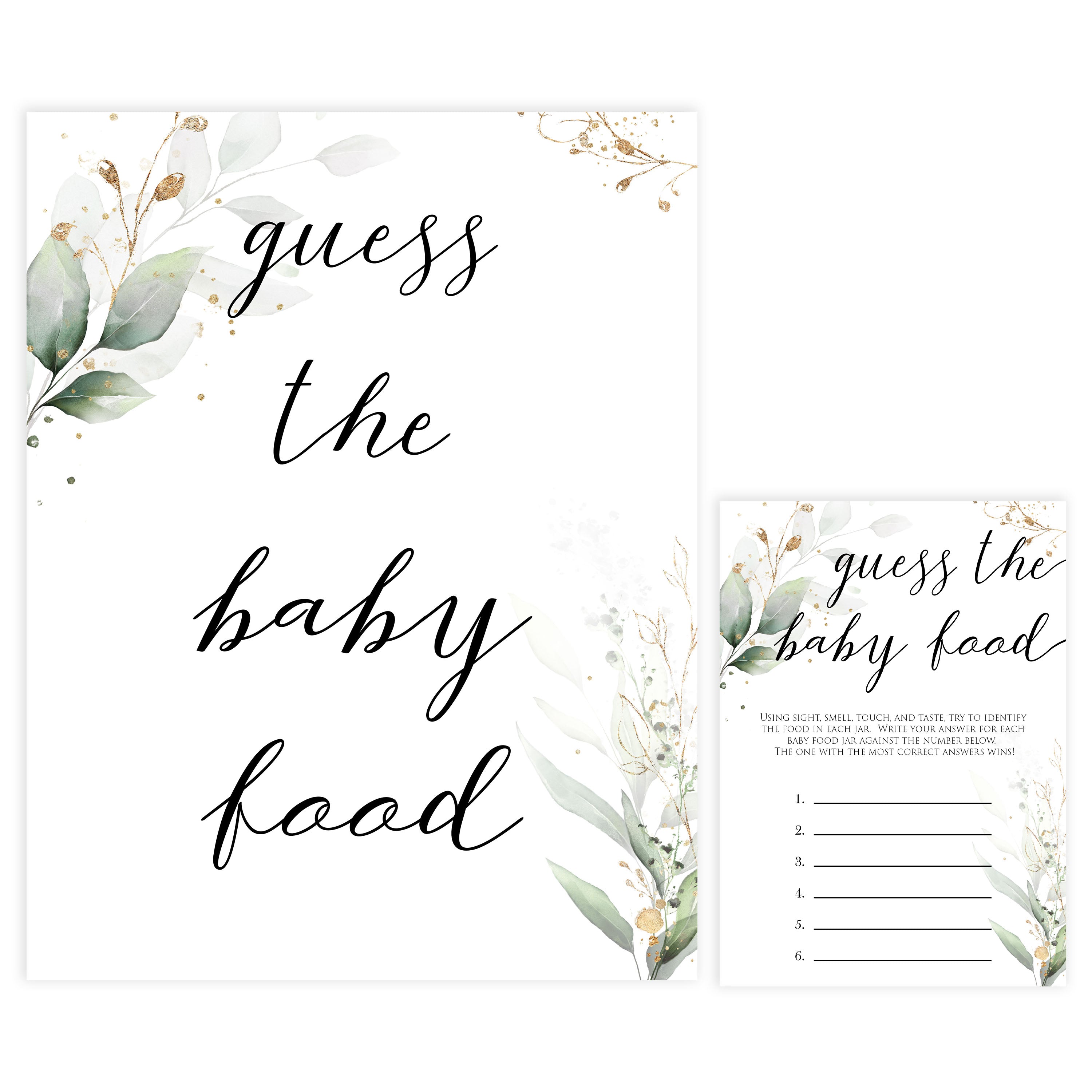 Gold green leaf baby games, guess the baby food, printable baby games, fun baby games, top baby games to play, gold leaf baby shower, greenery baby shower ideas
