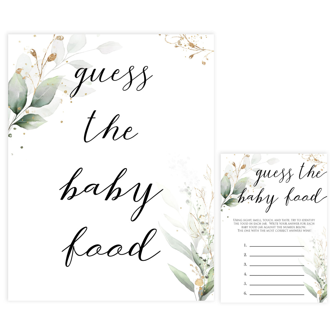 Gold green leaf baby games, guess the baby food, printable baby games, fun baby games, top baby games to play, gold leaf baby shower, greenery baby shower ideas