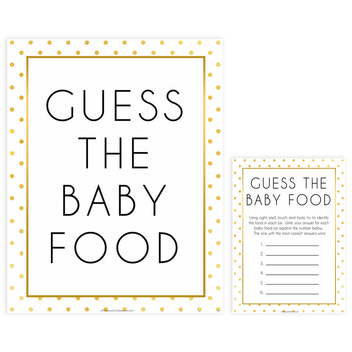 guess the baby food game, Printable baby shower games, baby gold dots fun baby games, baby shower games, fun baby shower ideas, top baby shower ideas, gold glitter shower baby shower, friends baby shower ideas