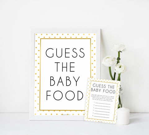 guess the baby food game, Printable baby shower games, baby gold dots fun baby games, baby shower games, fun baby shower ideas, top baby shower ideas, gold glitter shower baby shower, friends baby shower ideas