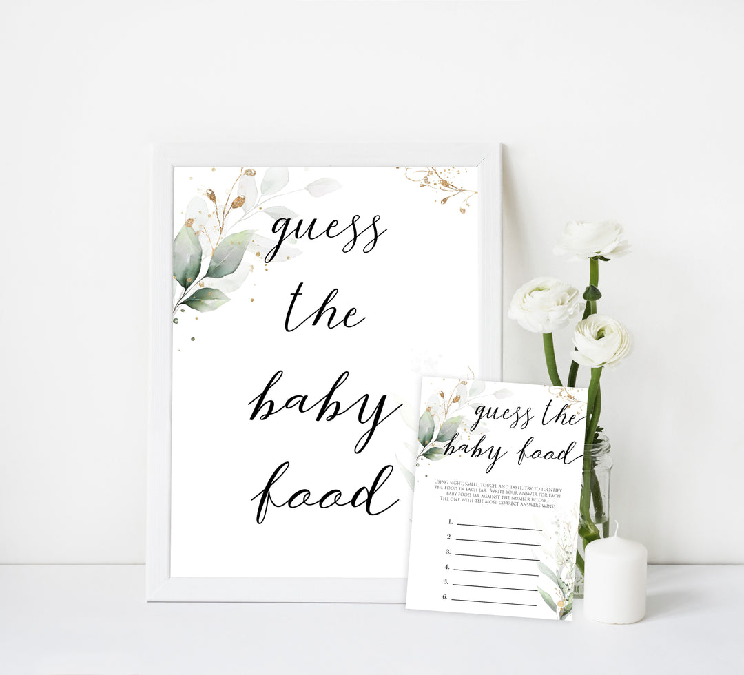 Gold green leaf baby games, guess the baby food, printable baby games, fun baby games, top baby games to play, gold leaf baby shower, greenery baby shower ideas