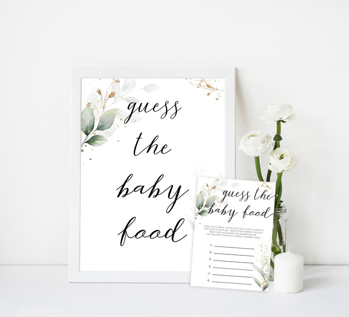 Gold green leaf baby games, guess the baby food, printable baby games, fun baby games, top baby games to play, gold leaf baby shower, greenery baby shower ideas