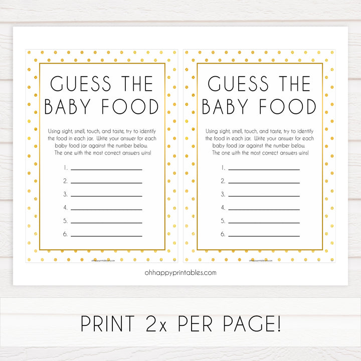 guess the baby food game, Printable baby shower games, baby gold dots fun baby games, baby shower games, fun baby shower ideas, top baby shower ideas, gold glitter shower baby shower, friends baby shower ideas