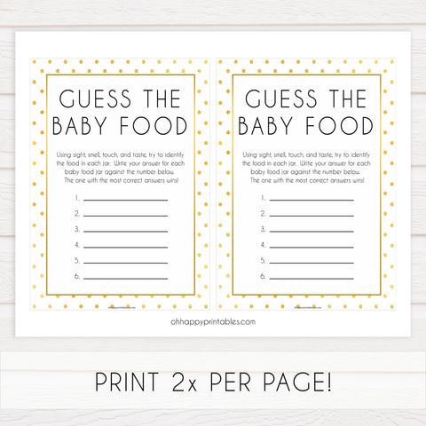 guess the baby food game, Printable baby shower games, baby gold dots fun baby games, baby shower games, fun baby shower ideas, top baby shower ideas, gold glitter shower baby shower, friends baby shower ideas