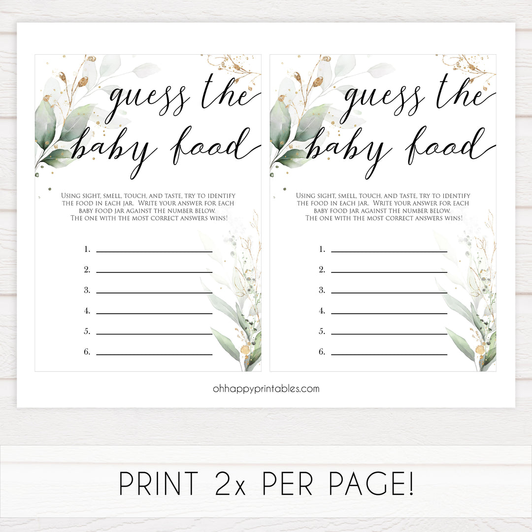 Gold green leaf baby games, guess the baby food, printable baby games, fun baby games, top baby games to play, gold leaf baby shower, greenery baby shower ideas