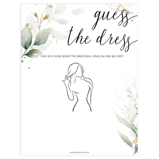 guess the dress, guess the bridal dress, Printable bridal shower games, greenery bridal shower, gold leaf bridal shower games, fun bridal shower games, bridal shower game ideas, greenery bridal shower