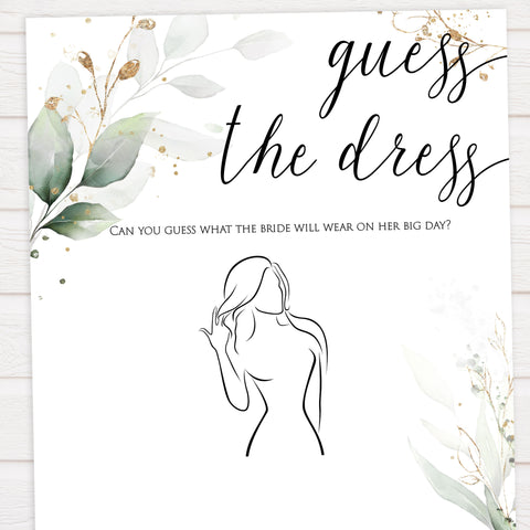 guess the dress, guess the bridal dress, Printable bridal shower games, greenery bridal shower, gold leaf bridal shower games, fun bridal shower games, bridal shower game ideas, greenery bridal shower