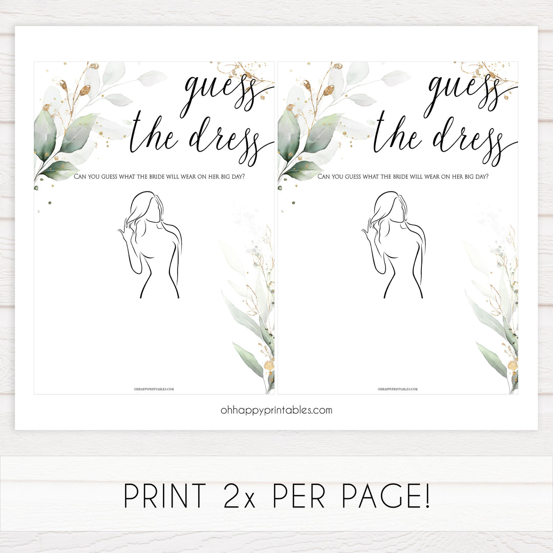 guess the dress, guess the bridal dress, Printable bridal shower games, greenery bridal shower, gold leaf bridal shower games, fun bridal shower games, bridal shower game ideas, greenery bridal shower