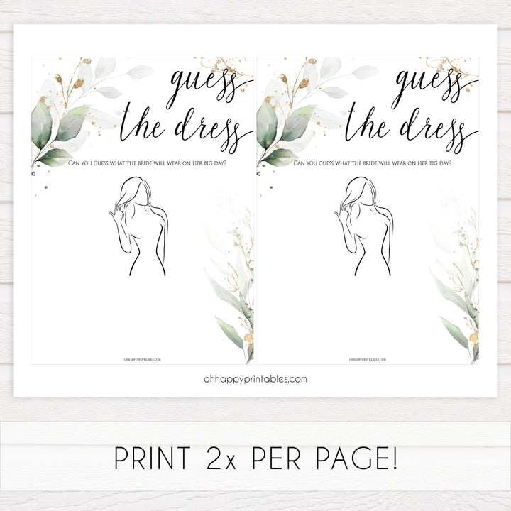 guess the dress, guess the bridal dress, Printable bridal shower games, greenery bridal shower, gold leaf bridal shower games, fun bridal shower games, bridal shower game ideas, greenery bridal shower