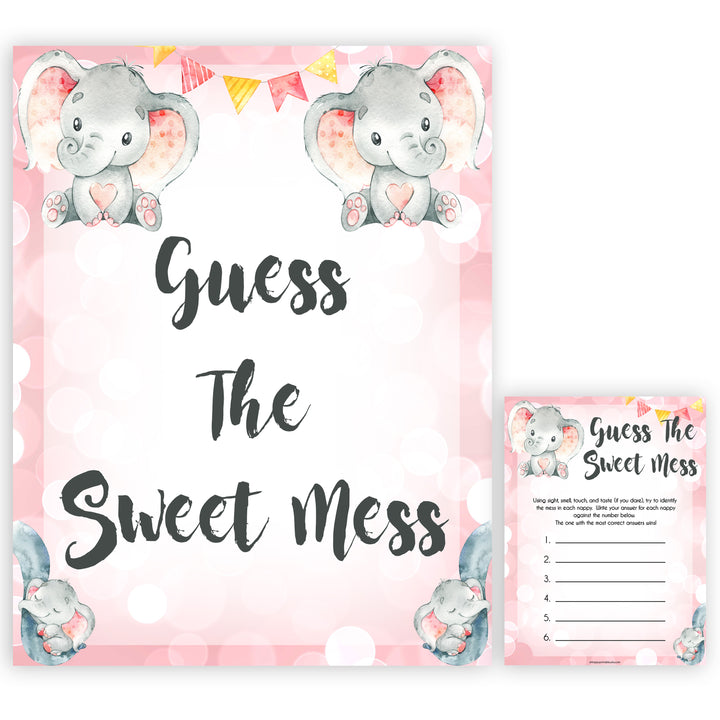 pink elephant baby games, guess the sweet mess baby shower games, printable baby shower games, baby shower games, fun baby games, popular baby games, pink baby games