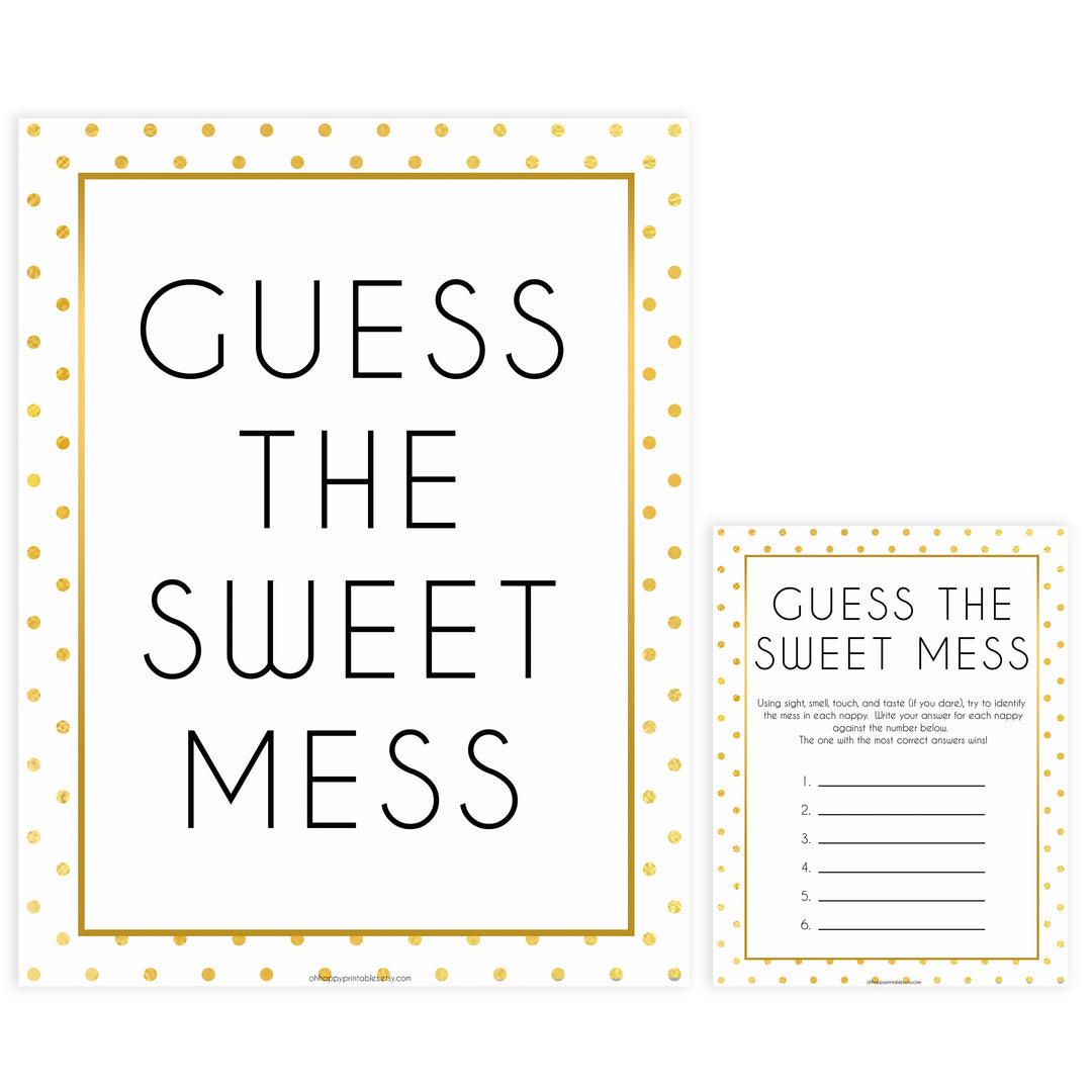 guess the sweet mess game, Printable baby shower games, baby gold dots fun baby games, baby shower games, fun baby shower ideas, top baby shower ideas, gold glitter shower baby shower, friends baby shower ideas