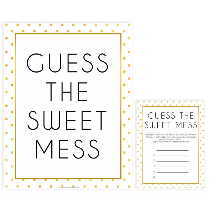 guess the sweet mess game, Printable baby shower games, baby gold dots fun baby games, baby shower games, fun baby shower ideas, top baby shower ideas, gold glitter shower baby shower, friends baby shower ideas