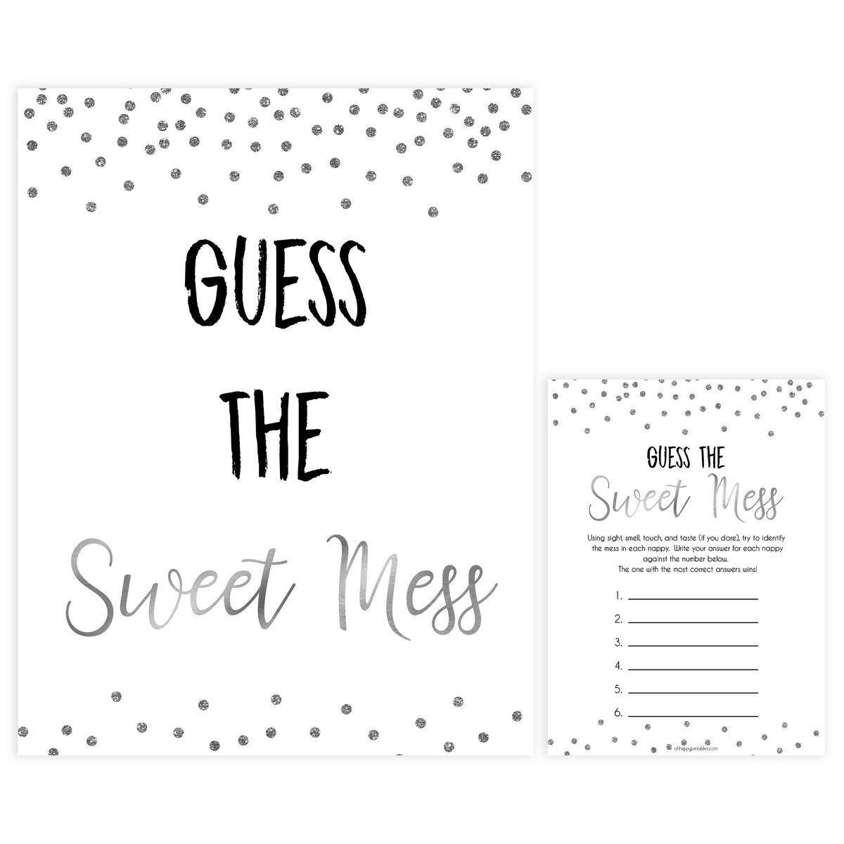 guess the sweet mess, dirty diaper game, Printable baby shower games, baby silver glitter fun baby games, baby shower games, fun baby shower ideas, top baby shower ideas, silver glitter shower baby shower, friends baby shower ideas