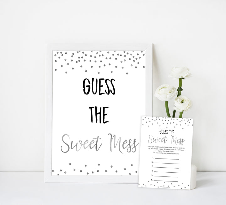 guess the sweet mess, dirty diaper game, Printable baby shower games, baby silver glitter fun baby games, baby shower games, fun baby shower ideas, top baby shower ideas, silver glitter shower baby shower, friends baby shower ideas