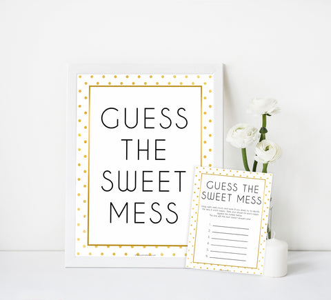 guess the sweet mess game, Printable baby shower games, baby gold dots fun baby games, baby shower games, fun baby shower ideas, top baby shower ideas, gold glitter shower baby shower, friends baby shower ideas